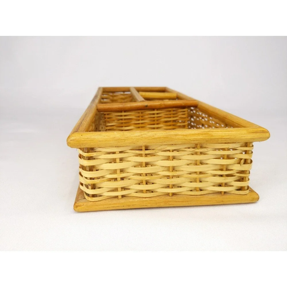 vtg Rattan Utility Tray Tan Woven Wicker 3-Compartment Organizer Desk Bedroom